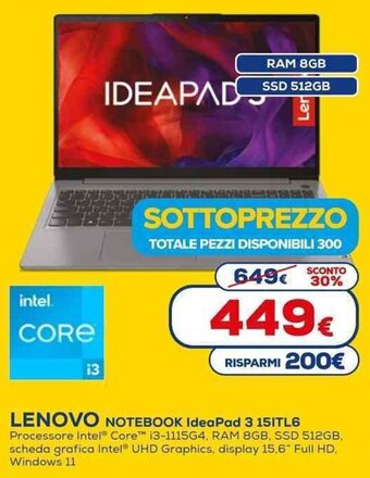 Euronics LENOVO NOTEBOOK IdeaPad 3 15ITL6 offerta