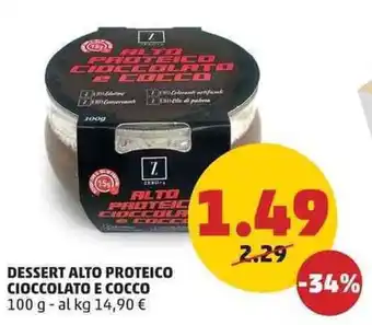 PENNY DESSERT ALTO PROTEICO CIOCCOLATO E COCCO 100 g offerta