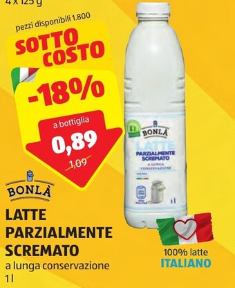 ALDI BONLA LATTE PARZIALMENTE SCREMATO a lunga conservazione 1 l offerta