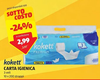 ALDI kokett CARTA IGIENICA 3 veli 10 x 200 strappi offerta