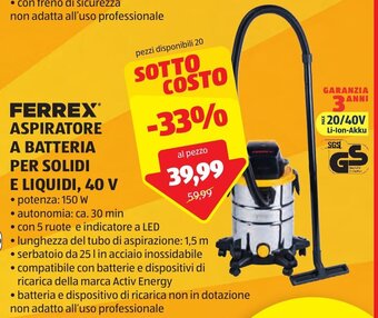 ALDI FERREX® ASPIRATORE A BATTERIA PER SOLIDI E LIQUIDI, 40 V offerta