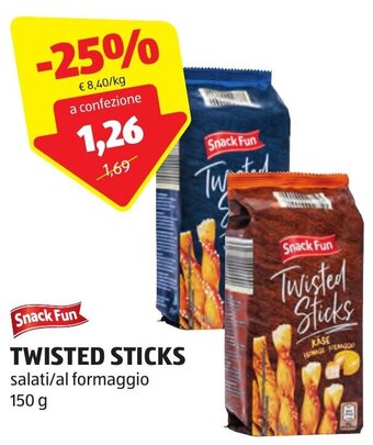 ALDI Snack Fun TWISTED STICKS salati/al formaggio 150 g offerta