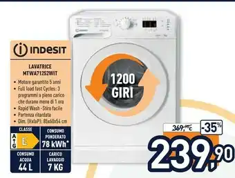 Unieuro Indesit MTWA 71252 W IT Lavatrice Libera Installazione Caricamento Frontale 7 Kg 1200 Giri/min E Bianco offerta
