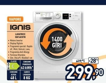 Unieuro Ignis IG 81483 IT N Lavatrice Libera Installazione Caricamento Frontale 8 Kg 1400 Giri/min C Bianco offerta