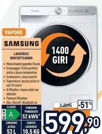Unieuro Samsung WW80T734DWH Lavatrice Libera Installazione Caricamento Frontale 8 Kg 1400 Giri/min B Bianco offerta