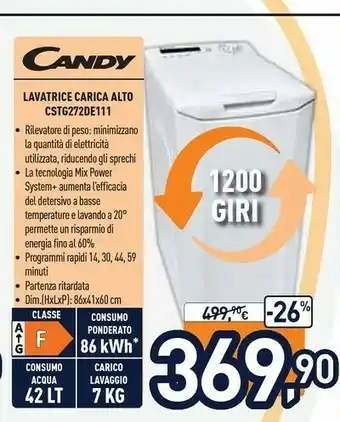 Unieuro Candy Smart CSTG 272DE/1-11 Lavatrice Libera Installazione Caricamento Dall'alto 7 Kg 1200 Giri/min F Bianco offerta