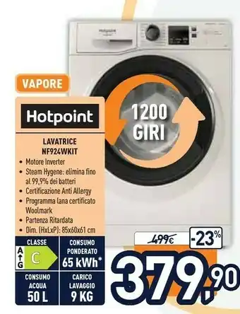 Unieuro Hotpoint NF924WK IT Lavatrice Libera Installazione Caricamento Frontale Bianco 9 Kg 1200 Giri/min A+++ offerta