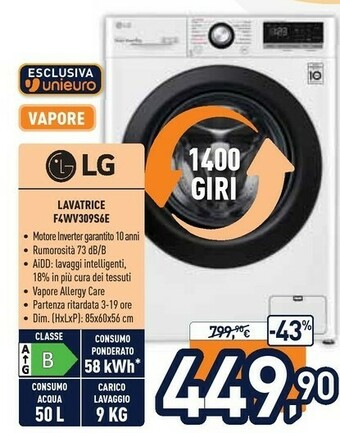 Unieuro LG Lavatrice F4WV309S6E offerta