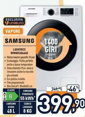 Unieuro Samsung WW80TA046AE Lavatrice Libera Installazione Caricamento Frontale 8 Kg 1400 Giri/min B Bianco offerta