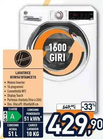 Unieuro Hoover H3WS610TAMCE/1-S Lavatrice Libera Installazione Caricamento Frontale Bianco 10 Kg 1600 Giri/min A+++ offerta
