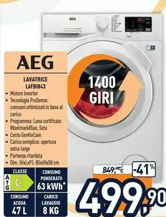 Unieuro Aeg L6FBI843 Lavatrice Libera Installazione Caricamento Frontale 8 Kg 1400 Giri/min A+++ Bianco offerta