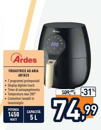 Unieuro Ardes Friggitrice Ad Aria AR1K33 offerta