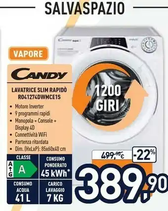 Unieuro Candy RO 41274DWMCE / 1-S Lavatrice Libera Installazione Caricamento Frontale Bianco 7 Kg 1200 Giri/min A+++-30% offerta