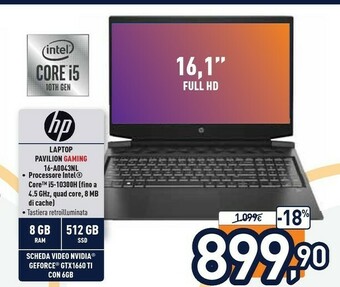 Unieuro HP Pavilion Gaming 16-a0043nl DDR4-SDRAM Computer Portatile 40,9 Cm (16.1") 1920 X 1080 Pixel Intel® Core™ I5 Di Decima Gener offerta