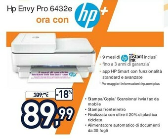 Unieuro HP ENVY Pro 6432e Getto Termico D'inchiostro A4 4800 X 1200 DPI 20 Ppm Wi-Fi offerta