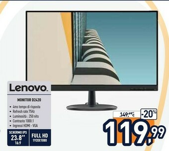 Unieuro Lenovo D24-20 60,5 Cm (23.8") 1920 X 1080 Pixel Full HD LED Nero offerta