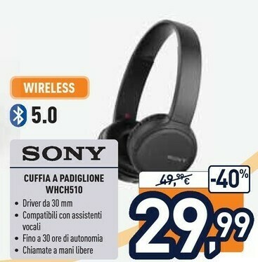Sony WH-CH510 Cuffia Padiglione Auricolare Nero offerta di Unieuro