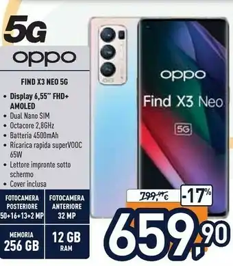 Unieuro Oppo Find X3 Neo Smartphone 5G, Qualcomm865, Display 6.55''FHD+AMOLED, 4 Fotocamere 50MP, RAM 12GB+ROM 256GB, 4500mAh, WiFi 6 offerta