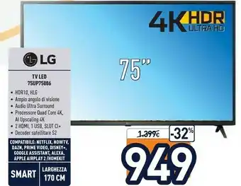 Unieuro LG 75UP75006LC 75" Smart TV 4K Ultra HD NOVITÀ 2021 Wi-Fi Processore Quad Core 4K AI Sound offerta