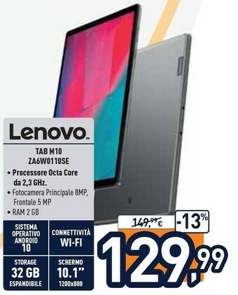Unieuro Lenovo Tab M10 32 GB 26,2 Cm (10.3") Mediatek 2 GB Wi-Fi 5 (802.11ac) Grigio offerta