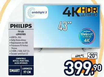 Unieuro Philips 43PUS7855/12 TV 109,2 Cm (43") 4K Ultra HD Smart TV Wi-Fi Argento offerta