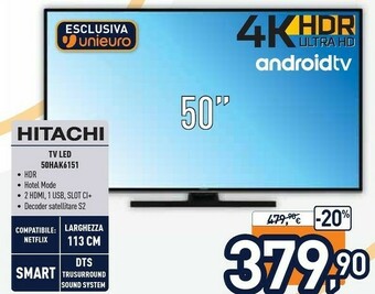 Unieuro Hitachi 50HAK6151 TV 127 Cm (50") 4K Ultra HD Smart TV Wi-Fi Nero offerta