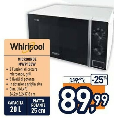 Whirlpool MWP 103 W Superficie Piana Microonde Con Grill 20 L 700 W Nero,  Bianco offerta di Unieuro