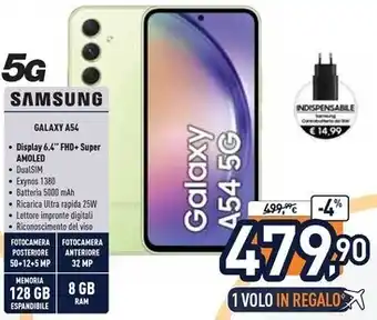 Unieuro Samsung galaxy a54 5g display fhd+ super amoled 6.4”, android 13, 8gb ram, 128gb, doppia sim, batteria 5.000 mah, awesome lim offerta