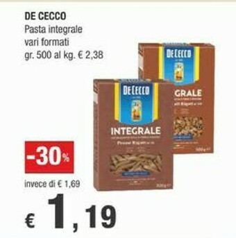 Crai De Cecco Pasta Integrale offerta