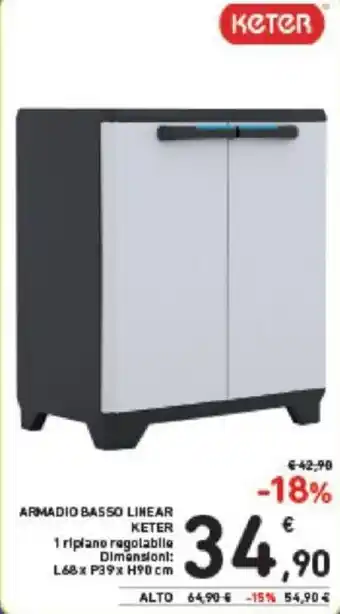 Conad ARMADIO BASSO LINEAR KETER 1 ripiane regolabile Dimensioni: L68x P39x H90 cm offerta
