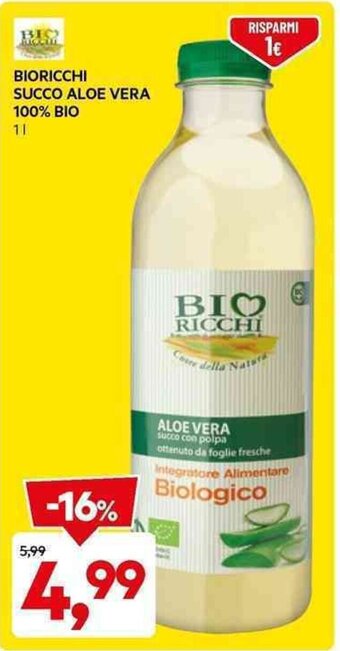 DPiù BIORICCHI SUCCO ALOE VERA 100% BIO 1 l offerta