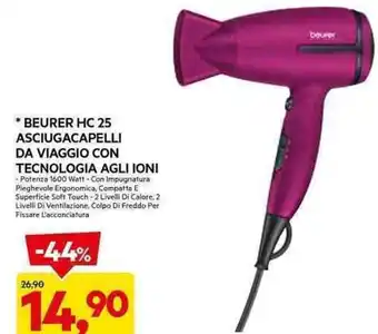 DPiù * BEURER HC 25 ASCIUGACAPELLI DA VIAGGIO CON TECNOLOGIA AGLI IONI offerta
