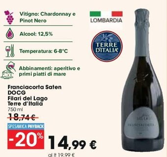 Carrefour Franciacorta Saten DOCG Filari del Lago Terre d'Italia 750 ml offerta