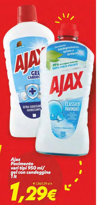 Iper Super Conveniente Ajax Pavimento vari tipi 950 ml/ gel con candeggina 1 lt offerta
