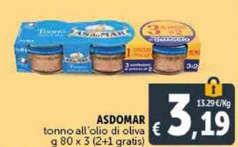 Deco Supermercati ASDOMAR tonno all'olio di oliva g 80 x 3 (2+1 gratis) offerta