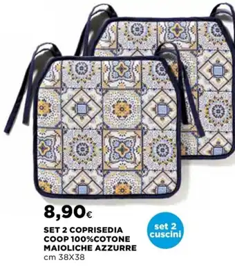 Ipercoop SET 2 COPRISEDIA COOP 100% COTONE MAIOLICHE AZZURRE cm 38X38 offerta