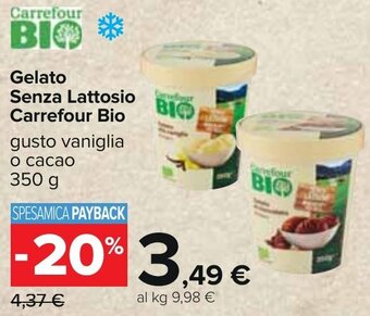 Carrefour Gelato Senza Lattosio Carrefour Bio gusto vaniglia o cacao 350 g offerta
