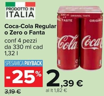 Carrefour Coca-Cola Regular o Zero o Fanta conf 4 pezzi da 330 ml cad 1,32 l offerta