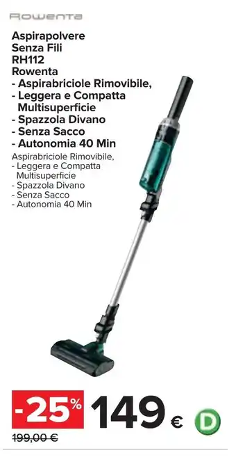 Carrefour Aspirapolvere Senza Fili RH112 Rowenta Aspirabriciole Rimovibile, offerta