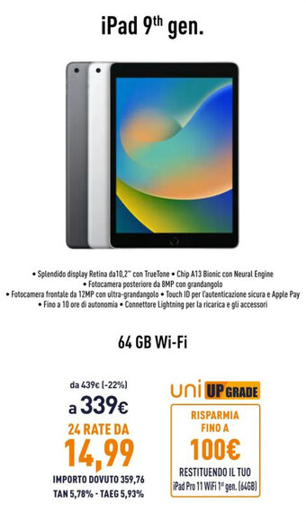 Unieuro iPad 9th gen. 64 GB Wi-Fi offerta