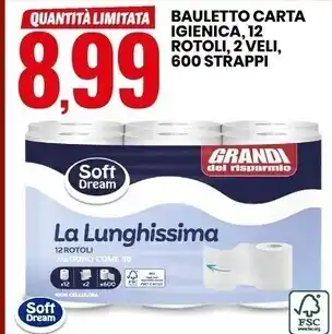 Eurospin Soft dream bauletto carta igienica, 12 rotoli, 2 veli, 600 strappi offerta