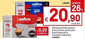 Iper La Grande Lavazza 108 capsule caffè espresso crema e gusto , passionale o qualità rossa compatibili a modo mio offerta