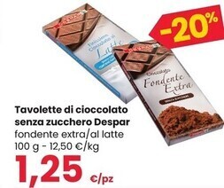 Interspar Despar tavolette di cioccolato senza zucchero offerta