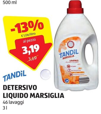 ALDI TANDIL DETERSIVO LIQUIDO MARSIGLIA 46 lavaggi 3 l offerta