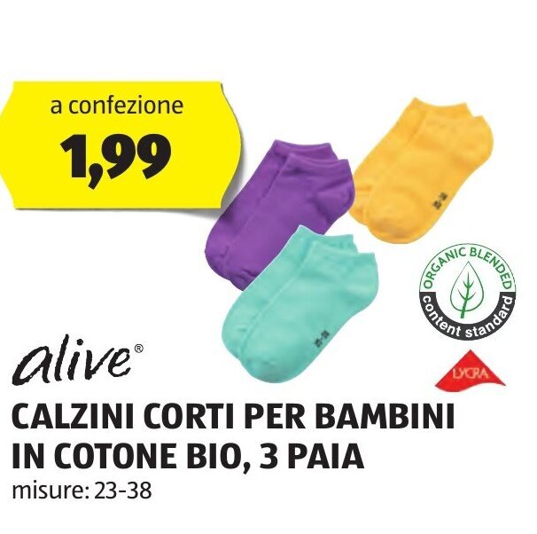 ALDI alive® CALZINI CORTI PER BAMBINI IN COTONE BIO, 3 PAIA offerta