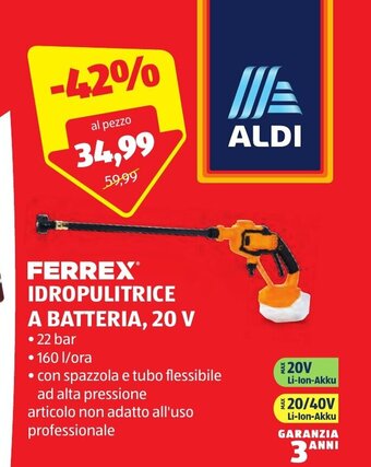 ALDI FERREX IDROPULITRICE A BATTERIA, 20 V offerta