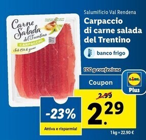Lidl Salumificio val rendena carpaccio di carne salada del trentino offerta