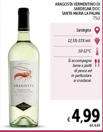 Spazio Conad ARAGOSTA VERMENTINO DI SARDEGNA DOC SANTA MARIA LA PALMA 75 cl offerta
