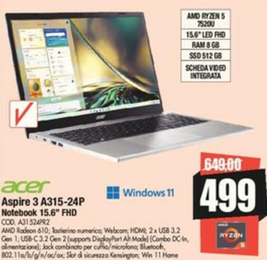 Vobis acer Aspire 3 A315-24P Notebook 15.6" FHD offerta