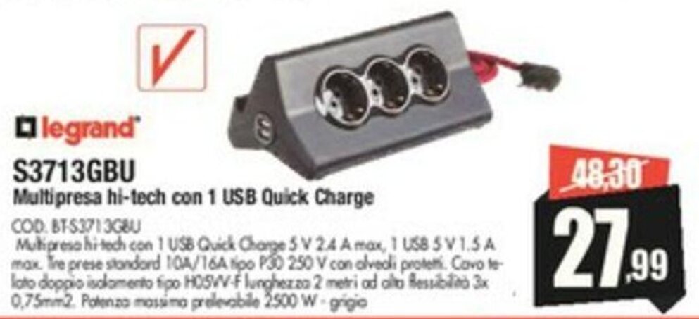 Vobis legrand S3713GBU Multipresa hi-tech con 1 USB Quick Charge offerta